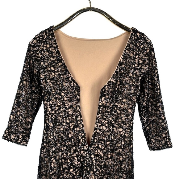 AIDAN MATTOX SEQUIN EMBELLISHED CROCHET LACE BOAT NECK 3/4 SLEEVES SHEATH DRESS - Picture 9 of 14